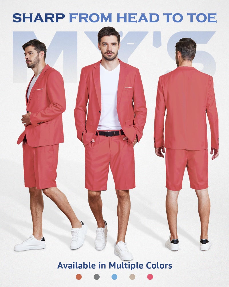 MYS MY'S Men's 2 Piece Slim Fit Suit, One Button Blazer and Short Pants Set with Tie Pink - Image 2